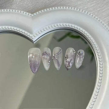 Qfdian Handmade Press on Nails Purple Fake Nails with Butterfly Sparkling False Nails Sweet Acrylic Full Cover Almond Nails